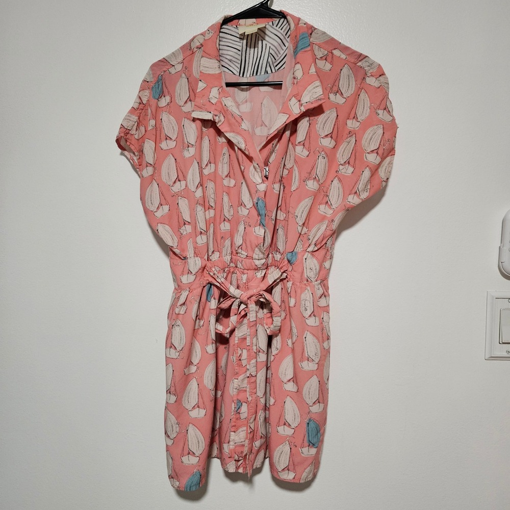 Maeve Anthropologie Pink Sailboat Print Romper Size 12 Nautical Button Front
